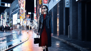 A stylish woman walks down a Tokyo street
